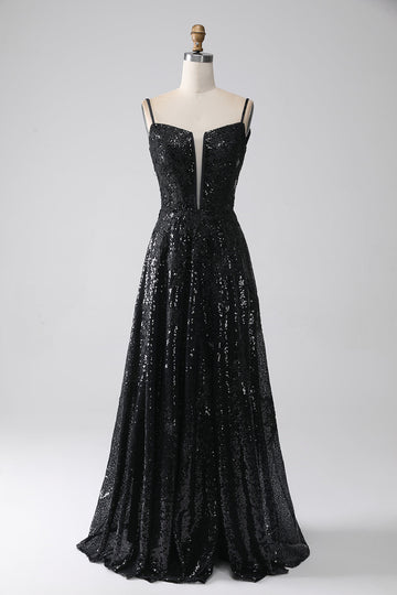 Black A-Line Spaghetti Straps Cold Shoulder Sequins Long Ball Dress with Slit